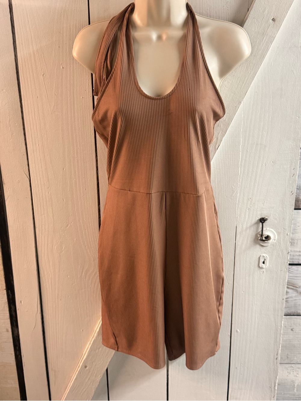 H&M Ribbed Halter Mini Dress in Brown